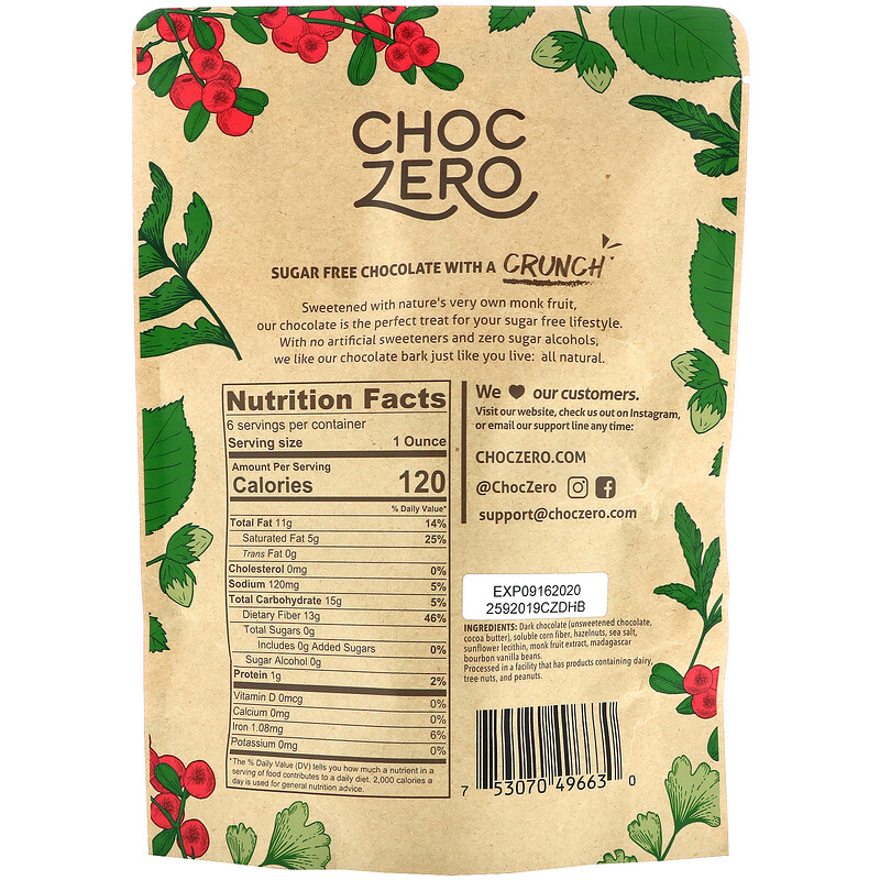 ChocZero, Dark Chocolate With Sea Salt, Hazelnuts, Sugar Free, 6 Bars