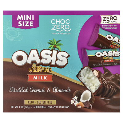 Product Image for ChocZero, Oasis Candy Bar, Milk, Shredded Coconut & Almonds, 16 Individually Wrapped Mini Bars, 0.5 oz (14 g) Each
