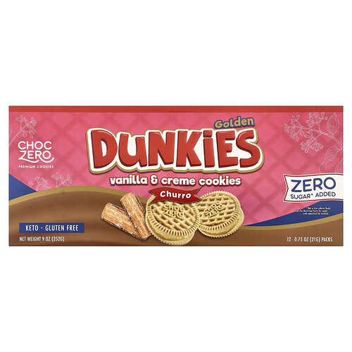 Choczero Premium Cookies, Golden Dunkies, Vanilla & Creme Cookies, Churro, 12 Packs, 0.75 oz (21 g) Each