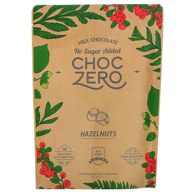 ChocZero Milk Chocolate, Hazelnuts, No Sugar Added, 6 Bars, 1 oz Each