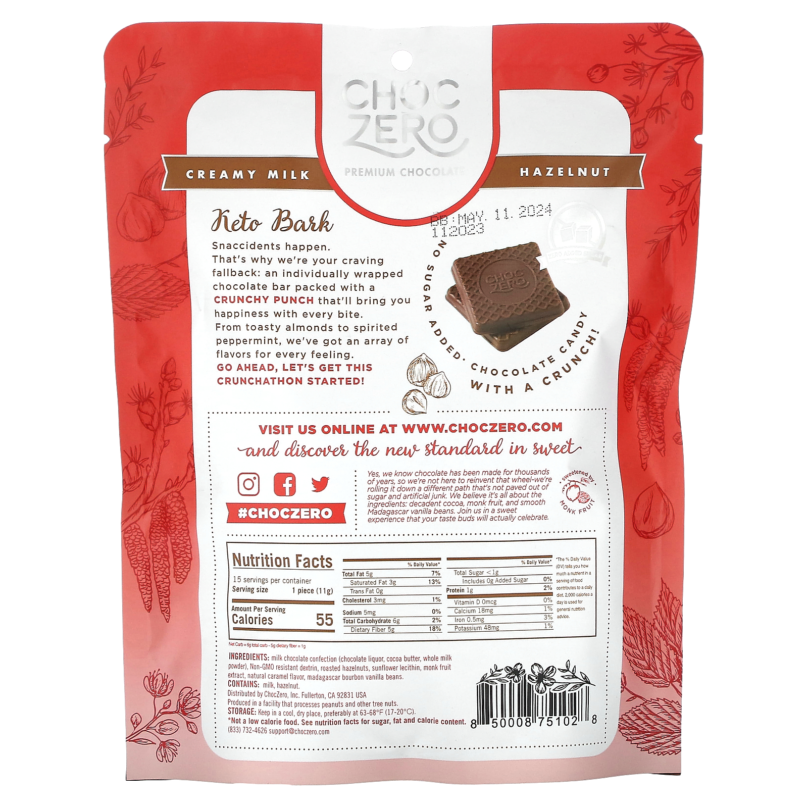 ChocZero, Keto Bark, Creamy Milk, Hazelnut, 15 Mini Packs, 6 oz (170 g)