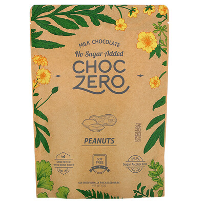 ChocZero Milk Chocolate, Peanuts, No Sugar Added, 6 Bars, 1 oz Each