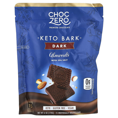 ChocZero, Keto Bark, Dark Chocolate, dunkle Schokolade, Mandel mit Meersalz, 15 Miniriegel, 170 g