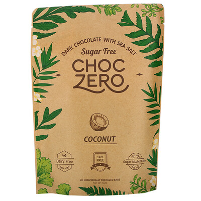 ChocZero Dark Chocolate With Sea Salt, Coconut, Sugar Free, 6 Bars, 1 oz Each