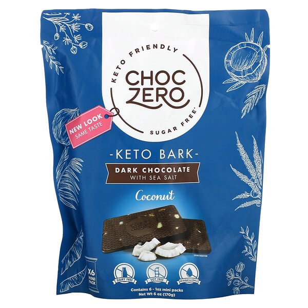 ChocZero, Dark Chocolate With Sea Salt, Coconut, Sugar Free, 6 Bars, 1 oz Each
