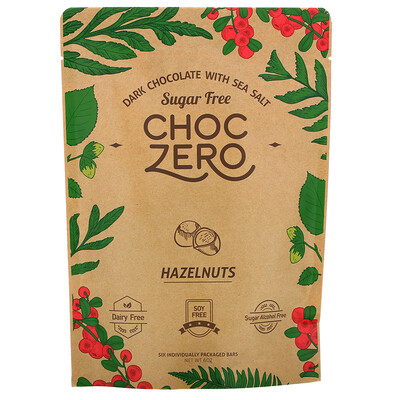 ChocZero Dark Chocolate With Sea Salt, Hazelnuts, Sugar Free, 6 Bars, 1 oz Each