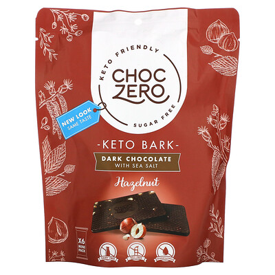 ChocZero, Dark Chocolate With Sea Salt, Hazelnuts, Sugar Free, 6 Bars, 1 oz Each
ChocZero, Dark Chocolate With Sea Salt, Hazelnuts, Sugar Free, 6 Bars, 1 oz Each