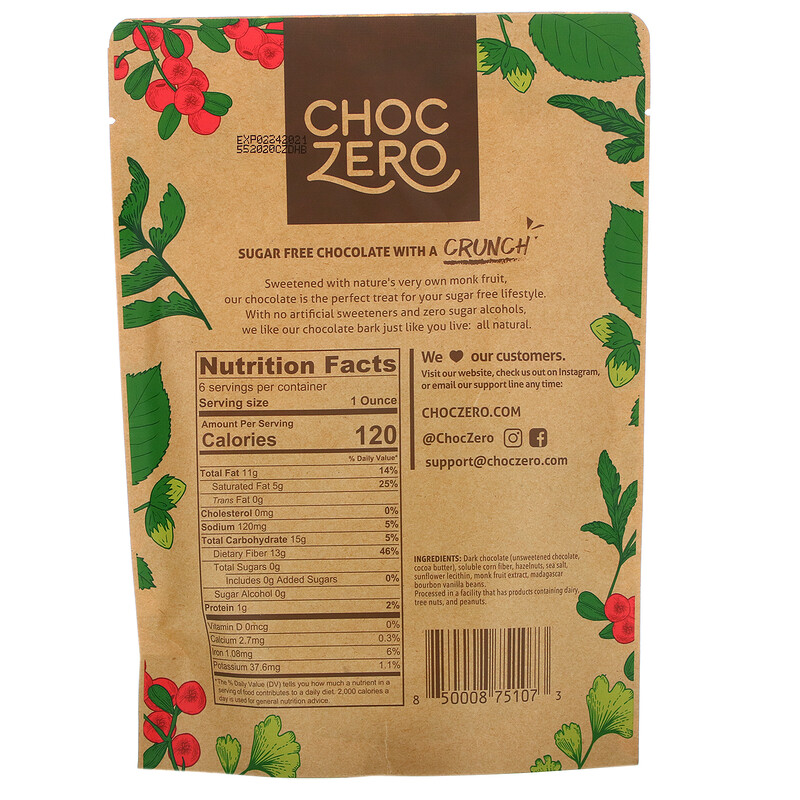ChocZero, Dark Chocolate With Sea Salt, Hazelnuts, Sugar Free, 6 Bars