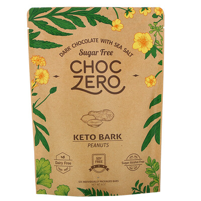 ChocZero Dark Chocolate With Sea Salt, Keto Bark Peanuts, Sugar Free, 6 Bars, 1 oz Each