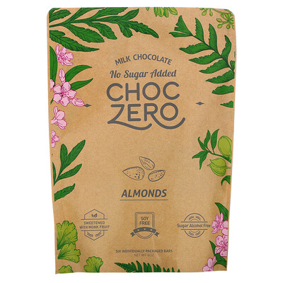 ChocZero Milk Chocolate, Almonds, No Sugar Added, 6 Bars, 1 oz Each