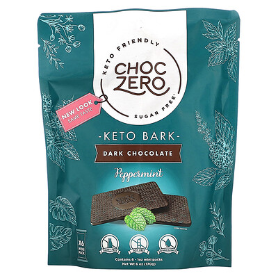 

ChocZero Keto Bark, темный шоколад, перечная мята, 6 батончиков по 1 унции