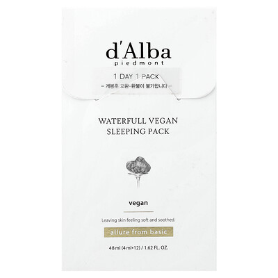 d'Alba, Bolsa de dormir vegana de Waterfull, 12 compresas, 4 ml (0,13 oz. líq.) cada una