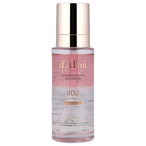 D'alba Professional, Repairing Hair Oil Serum, For Damaged, Dry Hair, R02 Rose Freesia, 2.53 fl oz (75 ml)