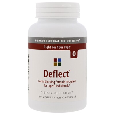 D'adamo Deflect, формула для блокирования лектина, диета для 0 группы крови, 120 растительных капсул