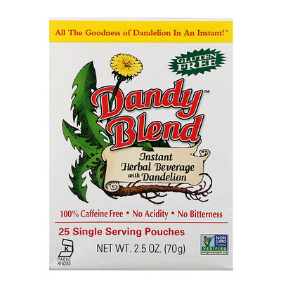 Dandy Blend Instant Herbal Beverage With Dandelion (Быстрорастворимый травяной напиток с одуванчиком), без кофеина, 25 одноразовых пакетиков