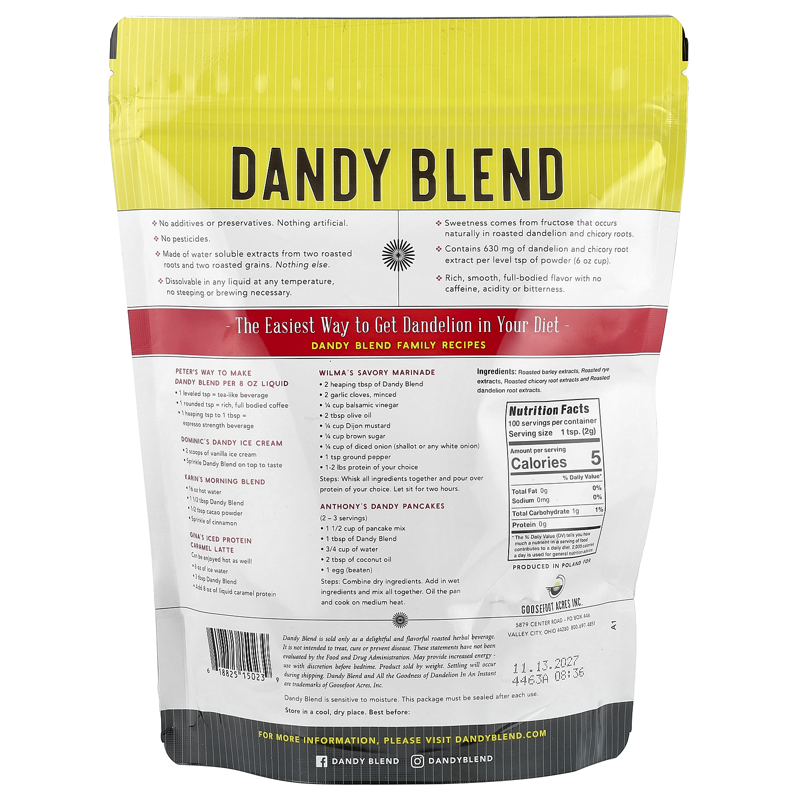 Dandy Mischung, Instant Kräutergetränk mit Löwenzahn, koffeinfrei, 7,05 oz - Bild 2 von 2