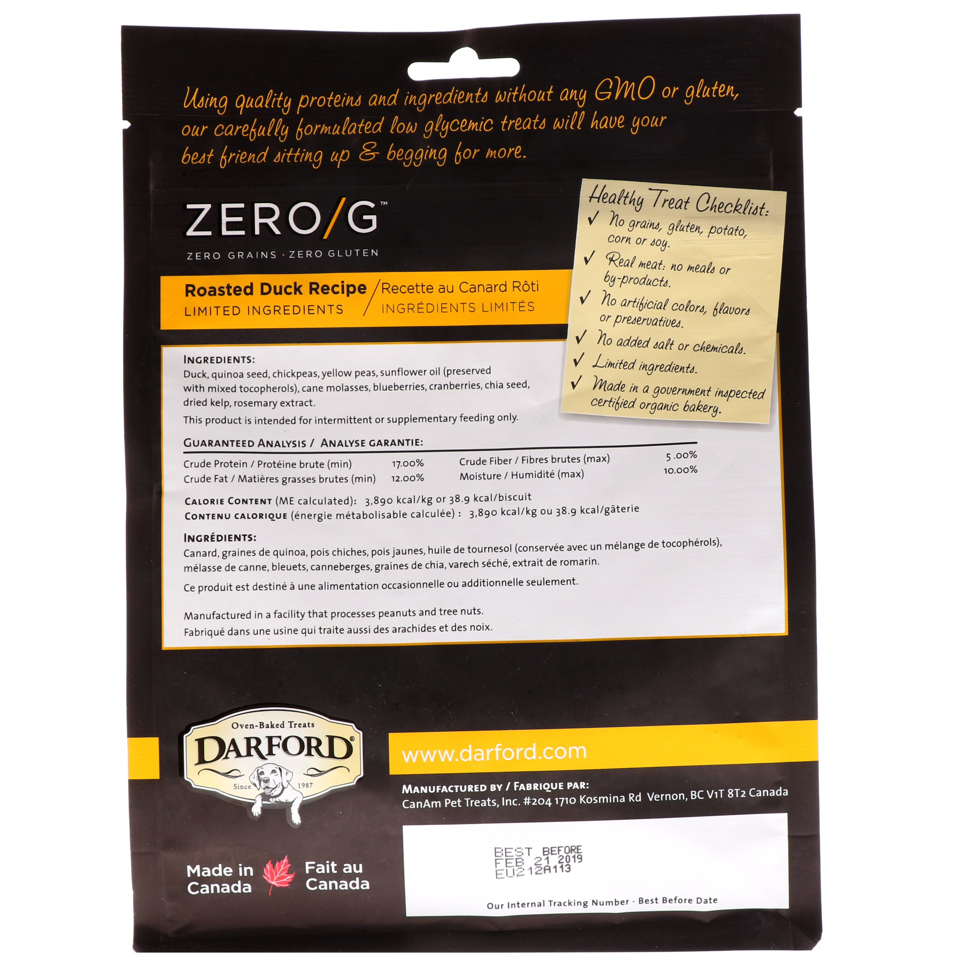 Darford, Zero/G, Oven Baked, All Natural, Treats For Dogs, Roasted Duck Recipe, 12 oz (340 g