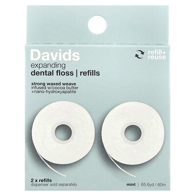 Product Image for Davids, Expanding Dental Floss, Refills, Mint, 2 Count, (32.8 yd / 30 m) Each