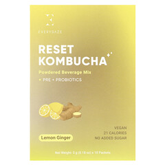 Reset Kombucha, порошкова суміш для приготування напою, лимон і імбир, 10 пакетиків по 5 г (0,18 унції)