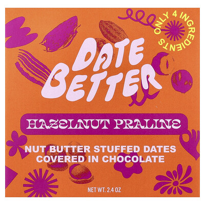 Date Better Snacks, Praliné de avellana y dátiles, 2,4 oz