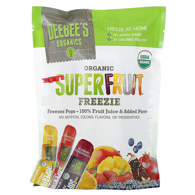 

Deebee's Organic, Superfruit Freezie, Assorted Flavors, 10 Bars, 1.35 fl oz (40 ml) Each