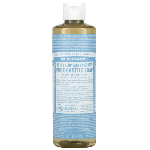 Dr. Bronner's, 18in1 Hemp PureCastile Soap, Baby Unscented, 16 fl oz