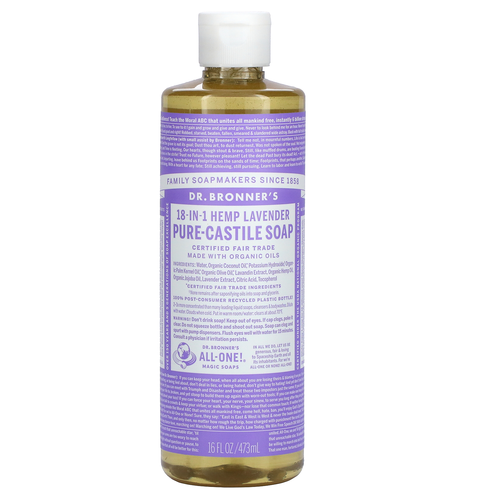 Dr Bronners 18 In 1 Hemp Pure Castile Soap Lavender 16 Fl Oz 473 Ml Iherb 3645