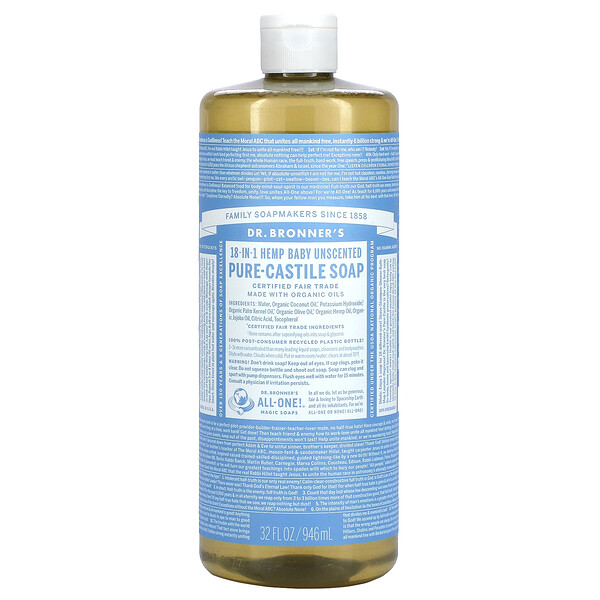 Dr. Bronner's, 18in1 Hemp PureCastile Soap, Baby Unscented , 32 fl