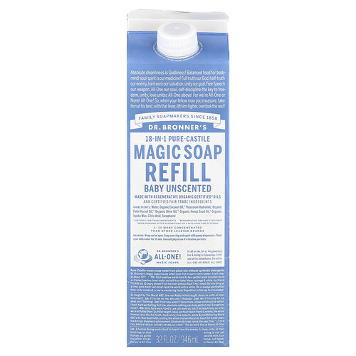 Dr. Bronner's, 18-in-1 Pure-Castile Magic Soap Refill, For Baby, Unscented, 32 fl oz (946 ml)