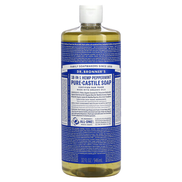 Dr. Bronner's, 18in1 Hemp PureCastile Soap, Peppermint, 32 fl oz