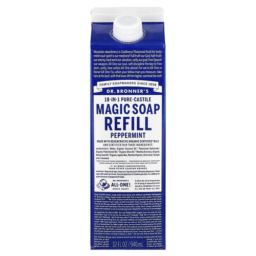 Dr. Bronner's, 18-in-1 Pure-Castile Magic Soap Refill, Peppermint, 32 fl oz (946 ml)