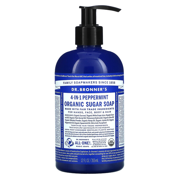 Dr. Bronner's‏, 4-in-1 Peppermint Organic Sugar Soap, For Hands, Face, Body & Hair , 12 fl oz (355 ml)