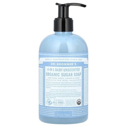 Dr. Bronner's, 4-in-1 Organic Sugar Soap, For Face, Body, Hands & Hair, Baby, Unscented, 12 fl oz (355 ml)