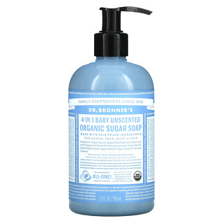 Dr. Bronner's, 4-in-1 Organic Sugar Soap, For Hands, Face, Body & Hair, Baby Unscented, 12 fl oz (355 ml)