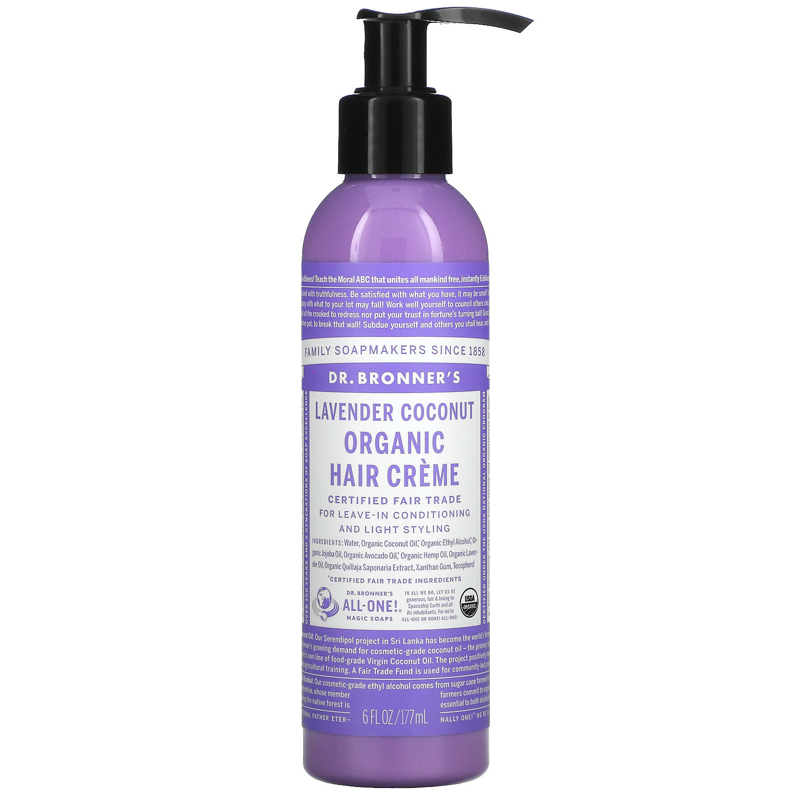 Dr. Bronner's, Organic Hair Creme, Lavender Coconut, 6 fl oz (177 ml