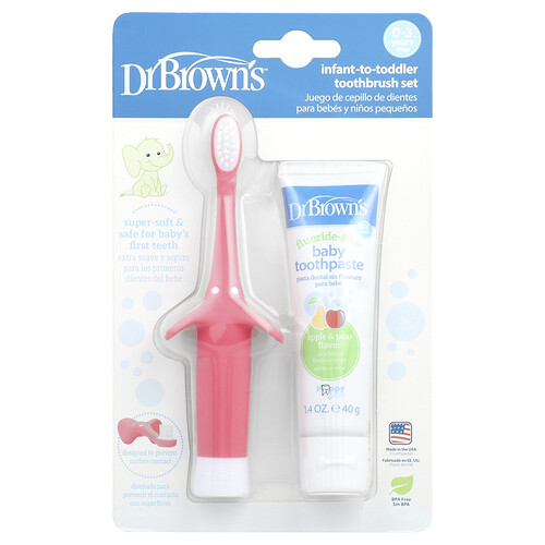 Dr. Brown's, Tandenborstelset voor baby's en peuters, 0-3 jaar, roze, appel en peer, 2-delige set