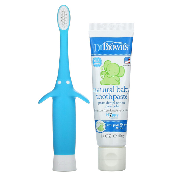 Infant to Toddler Toothbrush Set, 0-3 Years, Blue, Real Pear & Apple Flavor, 2 Piece Set