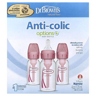 Dr. Brown's, Natural Flow®, Biberones anticólicos con opciones+™, 0 meses en adelante, Paquete de 3, 120 ml (4 oz) cada uno