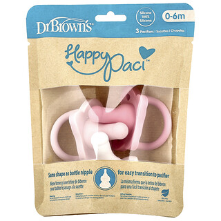 Dr. Brown's, HappyPaci™ duda, 0-6 mjeseci, ružičasta, svijetlo ružičasta i bijela, 3 komada