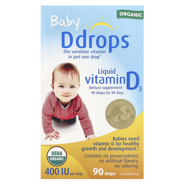 Ddrops Baby, Organic Liquid Vitamin D3, 10 mcg (400 IU), 90 Drops, 0.08 fl oz (2.5 ml)