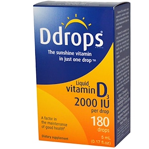 Ddrops, Жидкий витамин D3, 2000 МЕ, 0,17 жидких унций (5 мл)