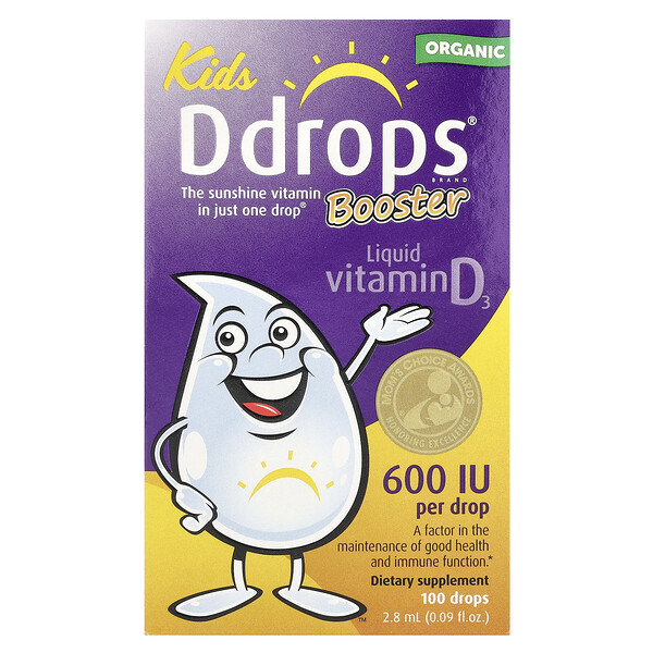 Ddrops Kids, Booster, Organic Liquid Vitamin D3, 15 mcg (600 IU), 0.09 fl oz (2.8 ml)