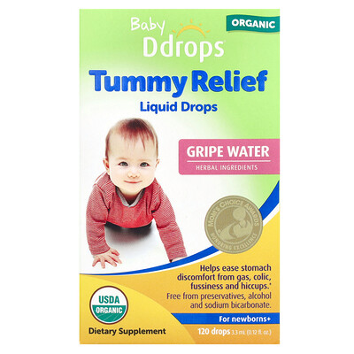Product Image for Ddrops, Baby, Organic Tummy Relief Liquid Drops, For Newborns+, 120 Drops, 0.12 fl oz (3.3 ml)
