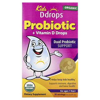 Ddrops, Gotas de probiótico orgánico con vitamina D para niños, Para niños de 1 año en adelante, 8 ml (0,27 oz. líq.)