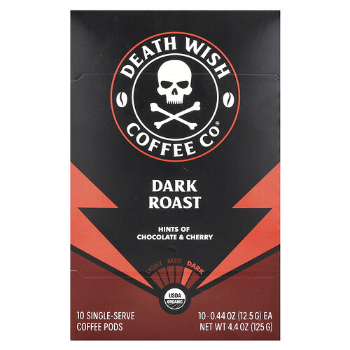 Death Wish Coffee, Single- Serve Coffee Pads, Kaffeepads für einzelne Portionen, dunkle Röstung, 10 Pads, je 12,5 g (0,44 oz.).
