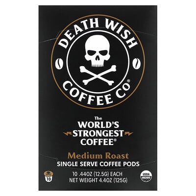 

Death Wish Coffee, The World's Strongest Coffee, Single Serve Coffee Pods, Medium Roast, 10 Pods, 44 oz (12.5 g) Each