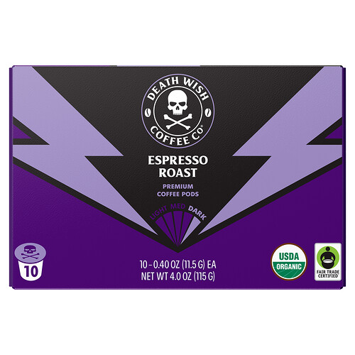 Death Wish Coffee, Single-Service Coffee Pads, Kaffeepads für einzelne Portionen, Espresso-Röstung, dunkel, 10 Pads, je 11,5 g (0,40 oz.).