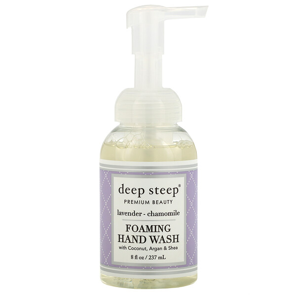 Deep Steep‏, סבון ידיים מקציף המכיל קוקוס, ארגן ושיאה, לבנדר-קמומיל, 237 מ”ל (8 אונקיות נוזל)