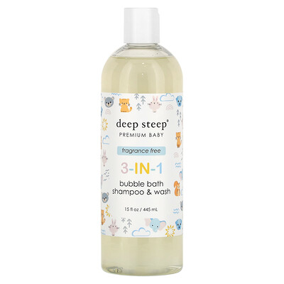 

Deep Steep, Premium Baby, 3-in-1 Bubble Bath, Shampoo & Wash, Fragrance Free, 15 fl oz (445 ml)