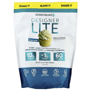 Designer Wellness, Designer Lite®, növényi + tejsavófehérje por, vaníliás cupcake, 720 g